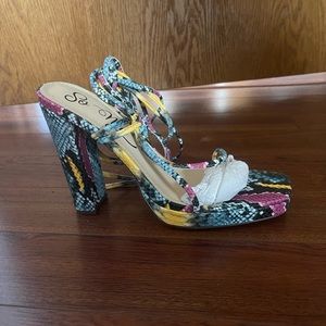 So Me Women’s Lace Up Block snake print heel